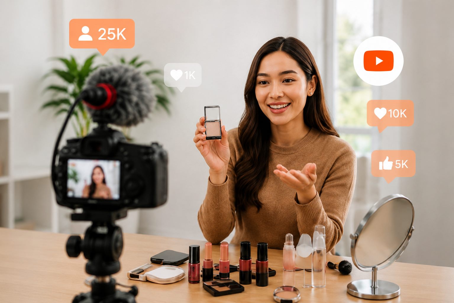 Creator filming a product video with YouTube and social engagement icons