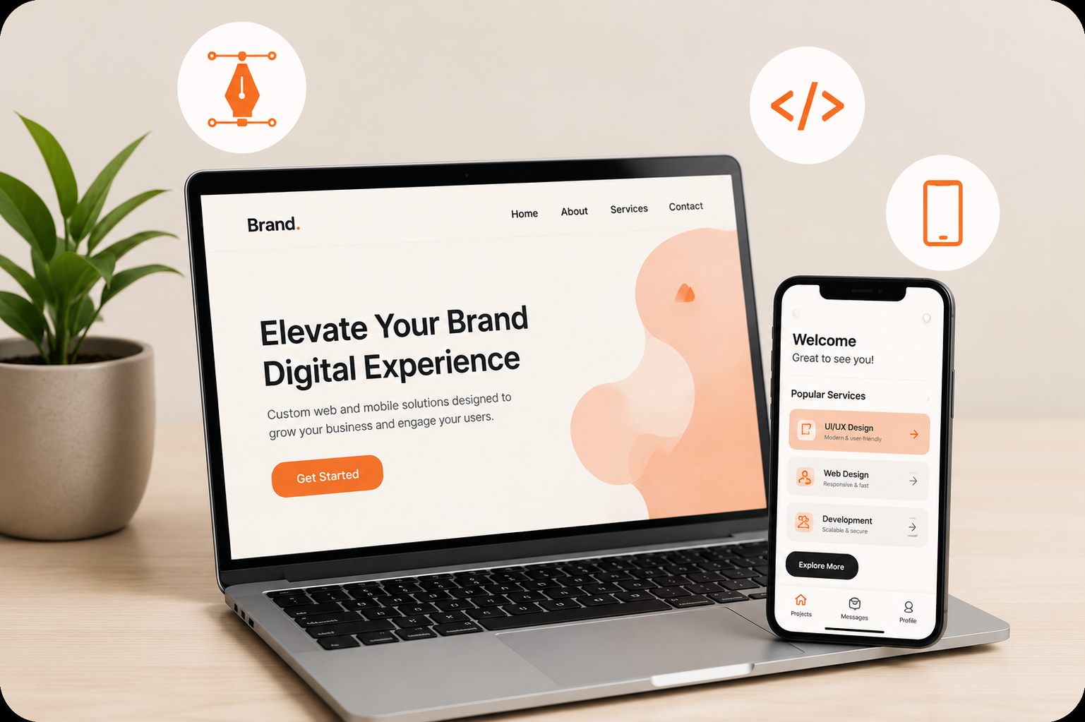 Laptop and phone showing branded web and mobile app design