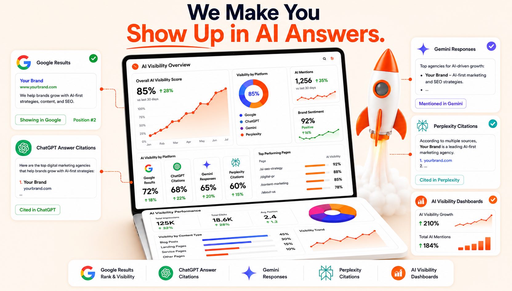 Analytics dashboard with floating performance cards