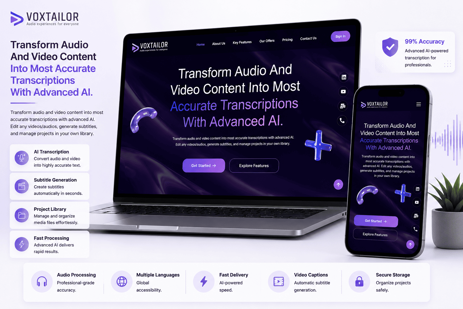 Voxtailor AI transcription platform website mockup preview